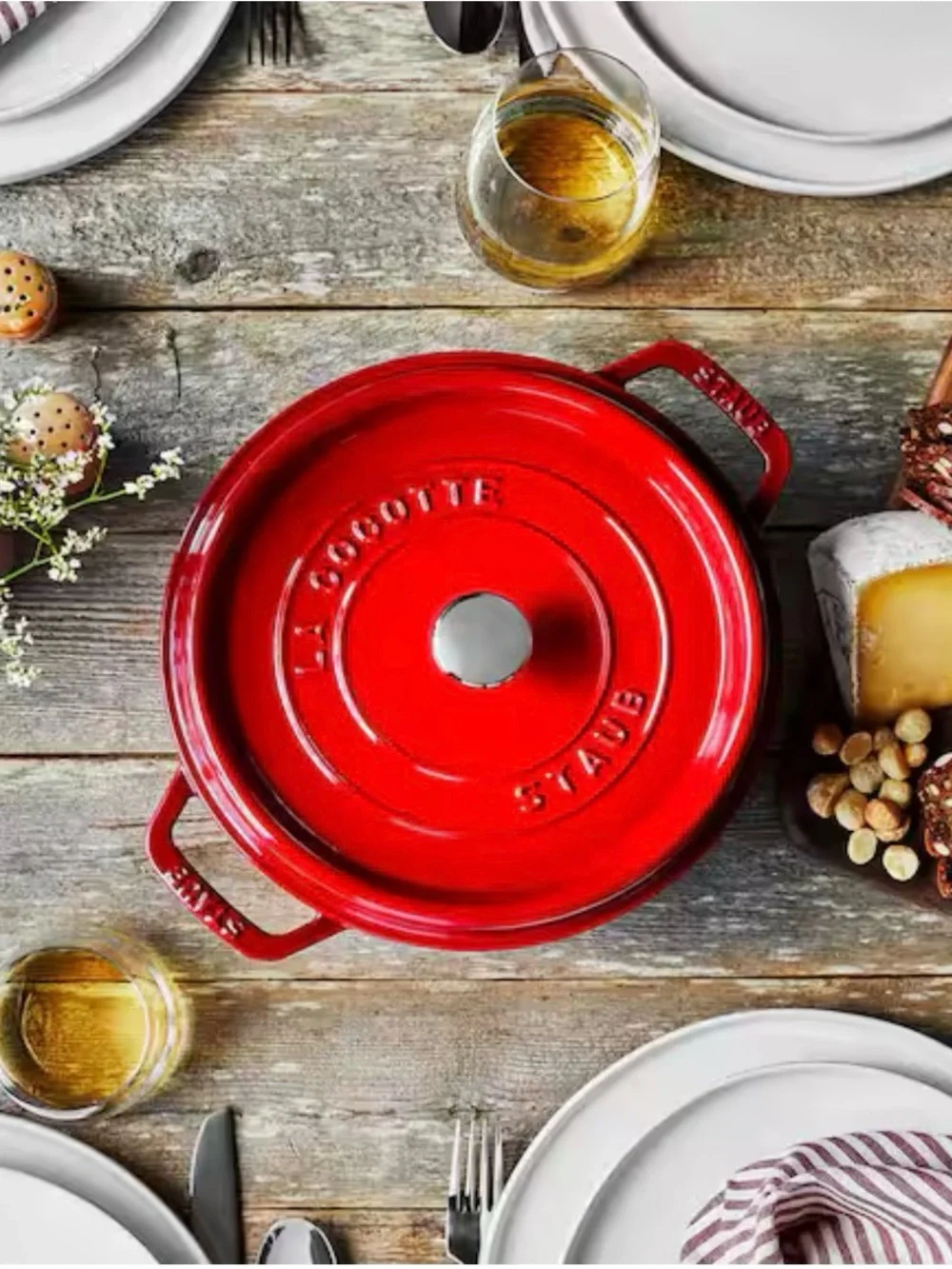Staub Pink Red Enameled Cast Iron Cocotte with Silver Knob